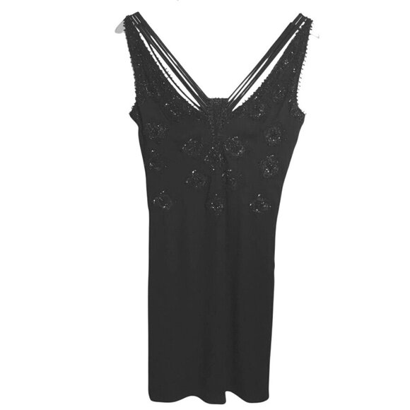 Vintage BADGLEY MISCHKA Black Silk Chiffon Hand Beaded Cocktail Evening Dress 8 - Picture 1 of 9